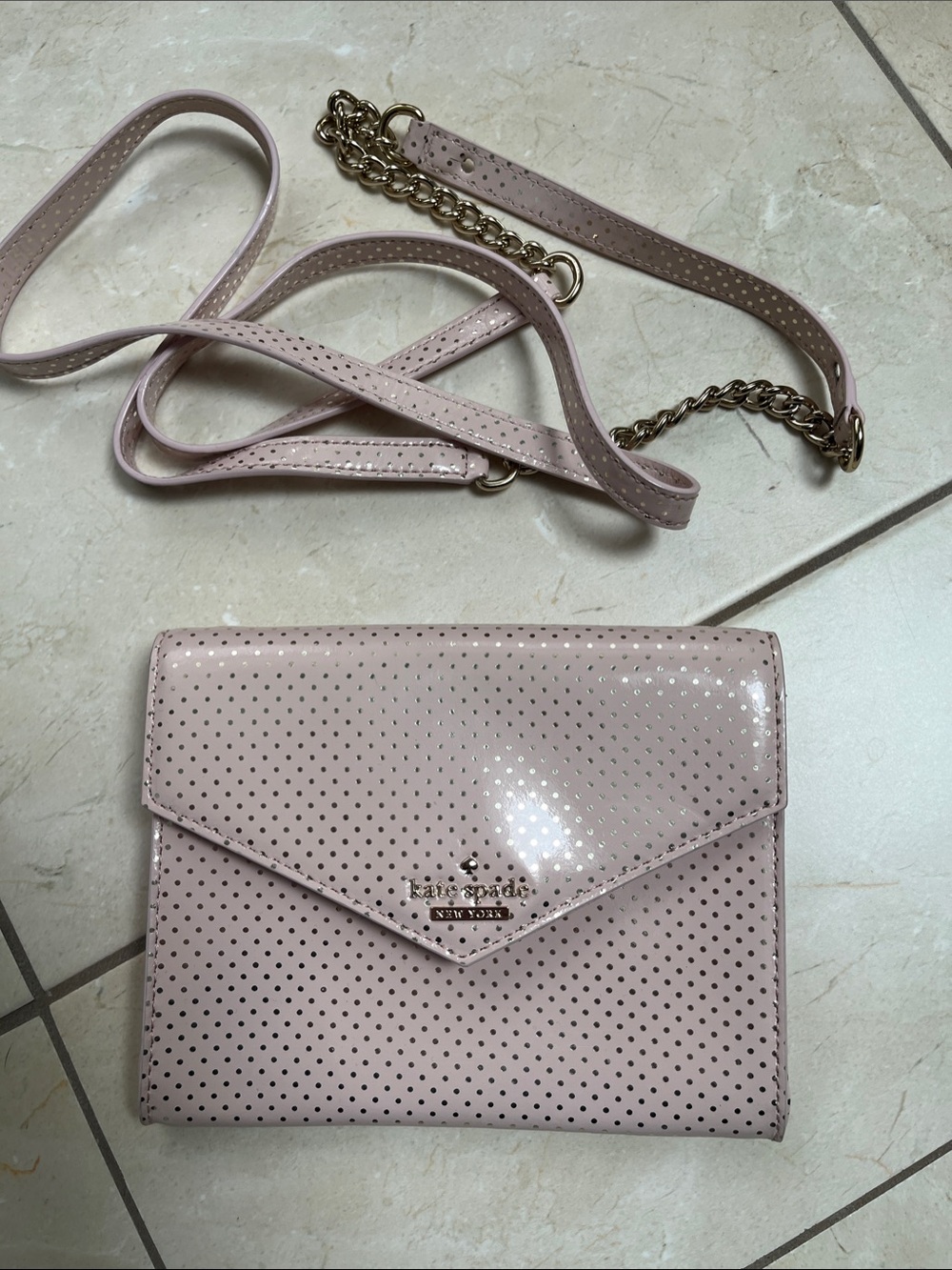 kate spade Pale Blush Perforated Patent Crossbody with Gold Chain